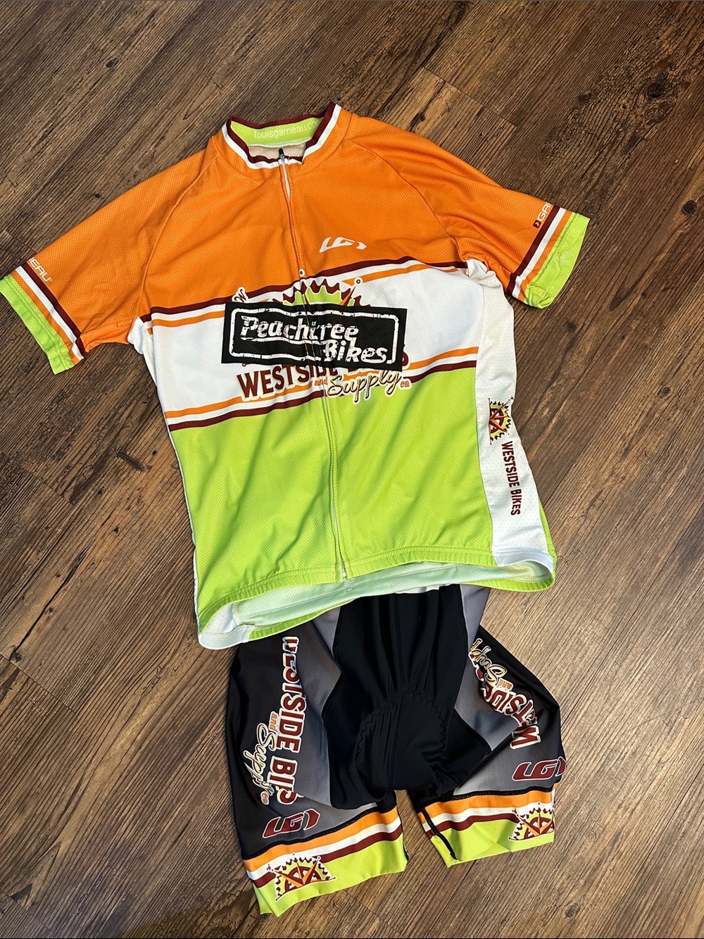LG Mens Cycling Kit in from Peach Tree Bikes Orange, Lime & White SZ L